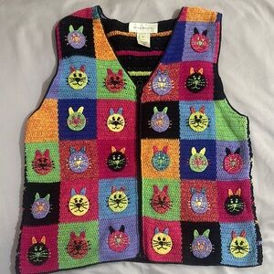Susan Bristol Black Knit Cat Vest with Pink and Orange Accents S